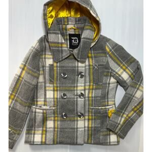 Dollhouse Plaid Pea Coat Wool Blend Sz Large Double Breasted Hooded Lined